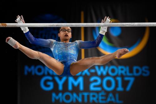 Morgan Hurd of the USA leaping to the women's all-round title at the Artistic Gymnastics World Championships